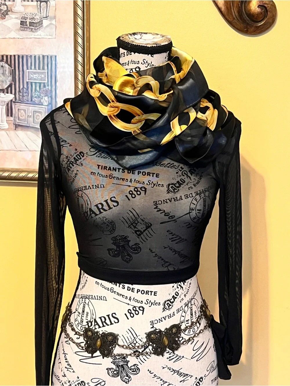 Black Silk-Look Scarf with Bold Gold Chain Print